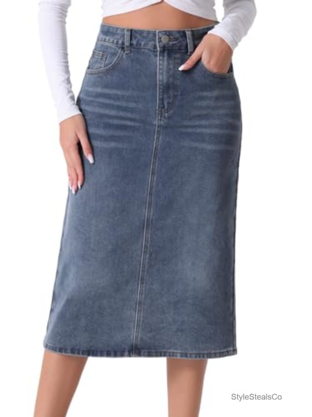 High Waist Denim Pencil Midi Skirt with Back Split & Pockets